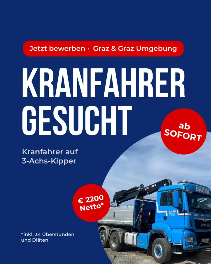 PACCO Recruiting-Anzeige: Kranfahrer gesucht, Graz und Umgebung